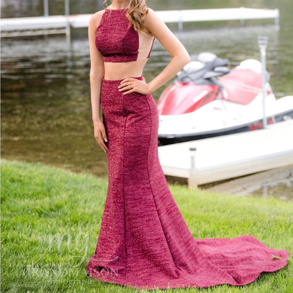 Jovani Sparkly Burgundy 2 Piece Dress